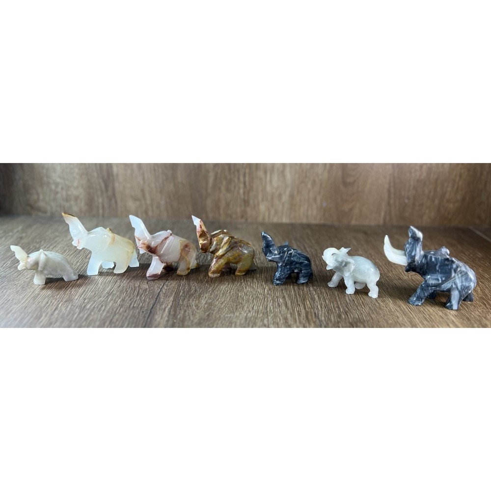 Vintage Hand Carved Stone Elephant Figurine Lot 7pc Onyx Marble Mixed Minerals